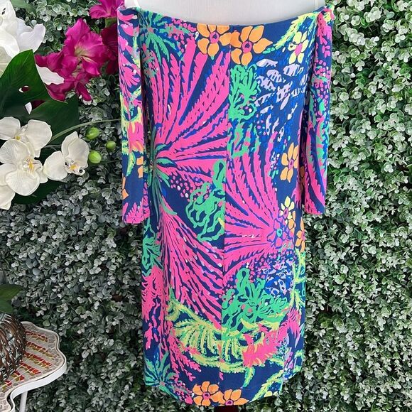 Lilly Pulitzer Indigo All A Glow Tropical Floral Laurana Off The Shoulder Dress - Picture 3 of 13